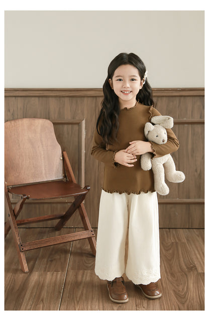 Girls Lace Embroidered Pleated Trousers, Ivory