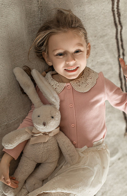 Crochet Collar Ribbed Blouse, Blush Pink
