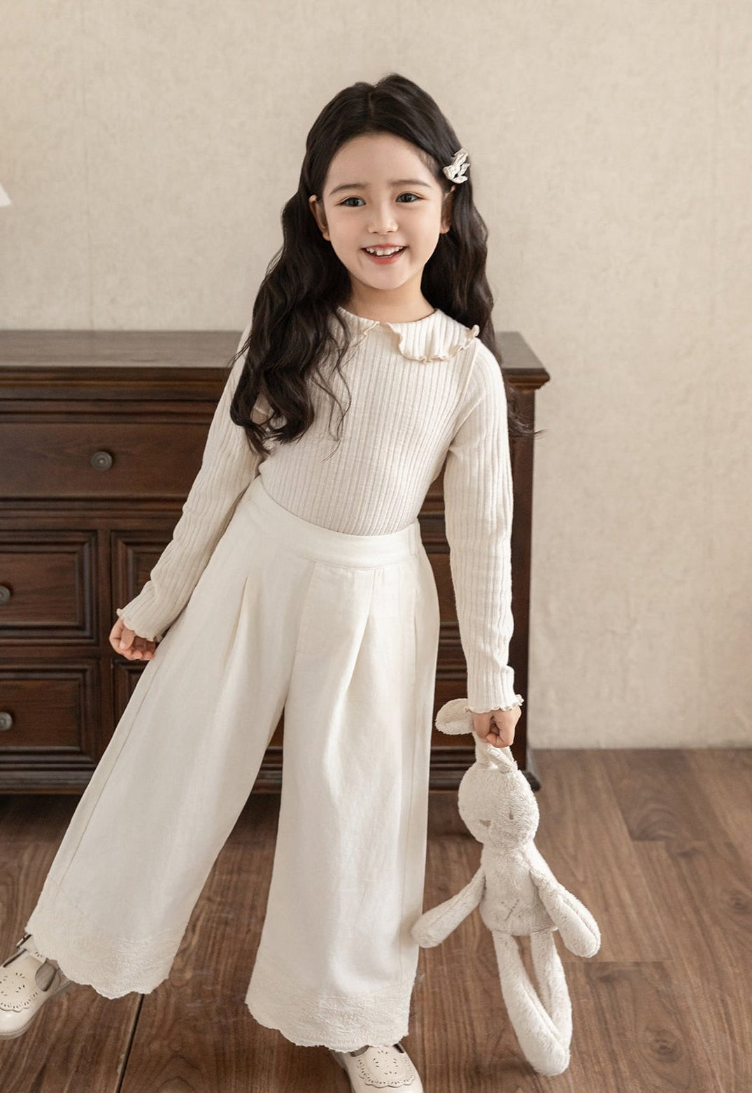 Girls Lace Embroidered Pleated Trousers, Ivory