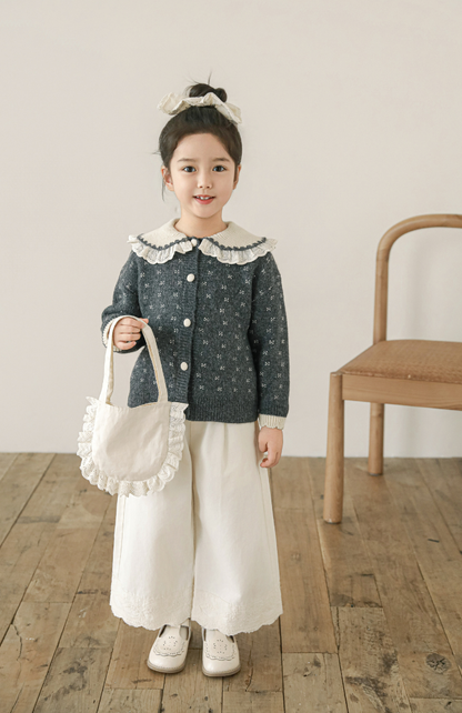 Lace Collar Embroidered Cardigan, Grey Floral