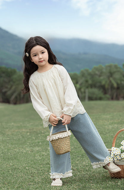 Straight Leg Lace Hem Jeans, Light Blue
