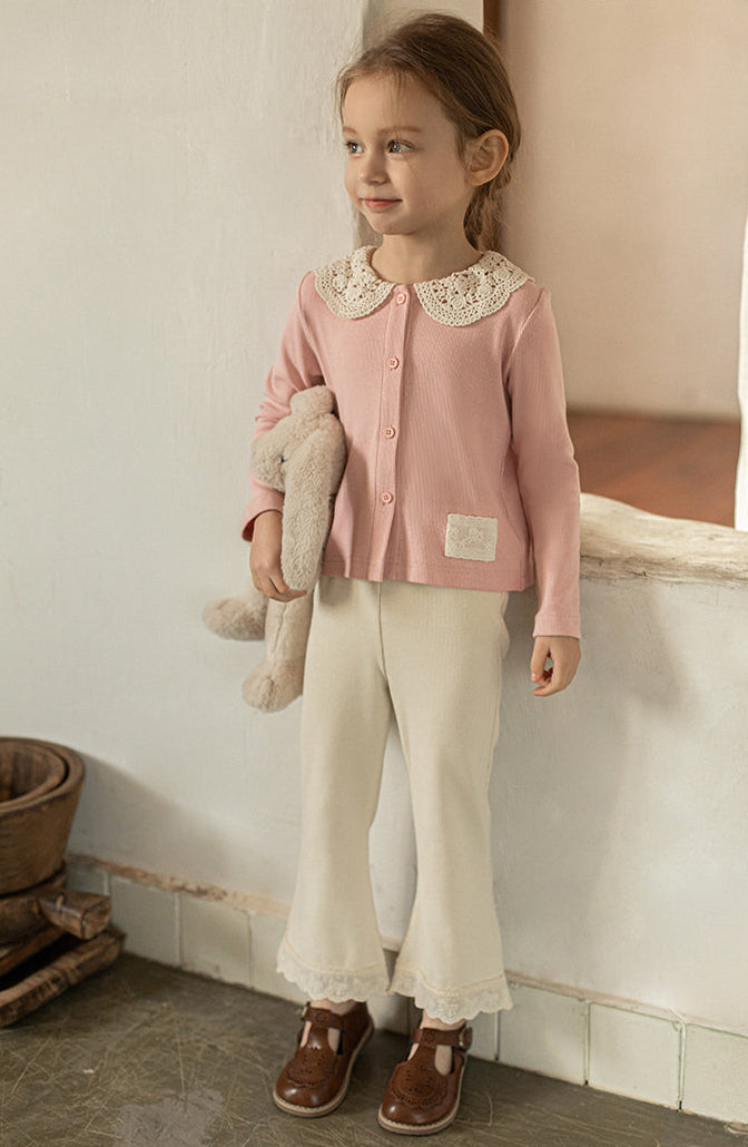 Crochet Collar Ribbed Blouse, Blush Pink