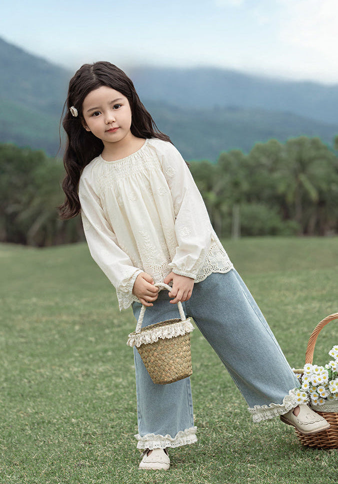 Straight Leg Lace Hem Jeans, Light Blue