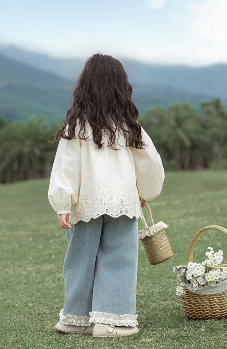 Floral Embroidered Broderie Detail Blouse, Ivory