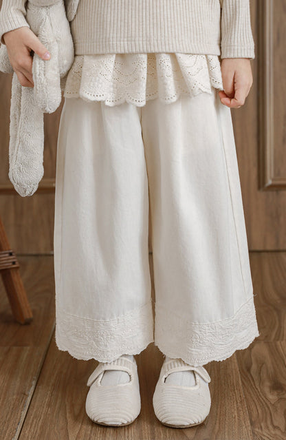 Girls Lace Embroidered Pleated Trousers, Ivory