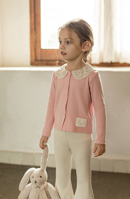 Crochet Collar Ribbed Blouse, Blush Pink