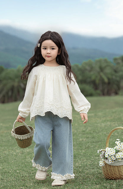 Straight Leg Lace Hem Jeans, Light Blue