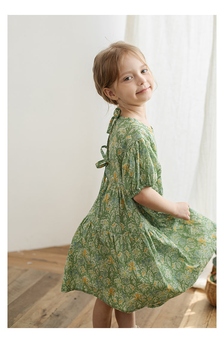 Daisy Tie-Back Dress, Green Floral