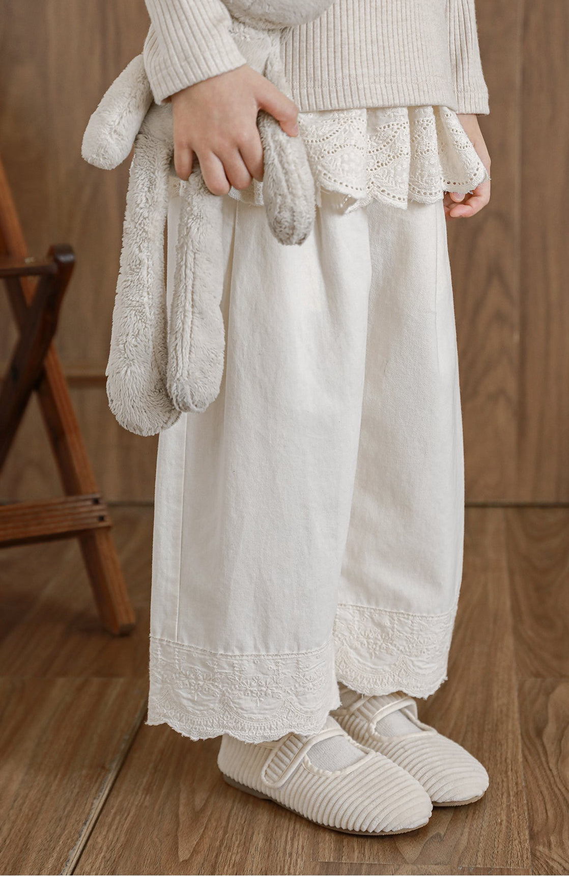 Girls Lace Embroidered Pleated Trousers, Ivory
