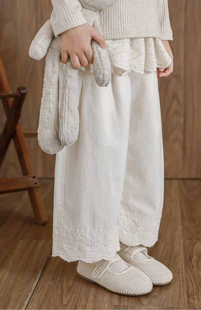 Girls Lace Embroidered Pleated Trousers, Ivory