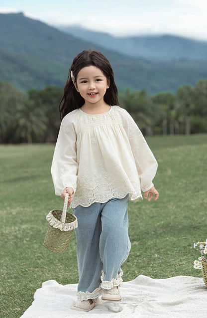 Floral Embroidered Broderie Detail Blouse, Ivory