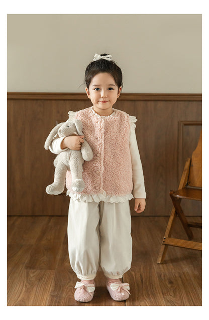 Lace Trim Pile Gilet, Blush Pink