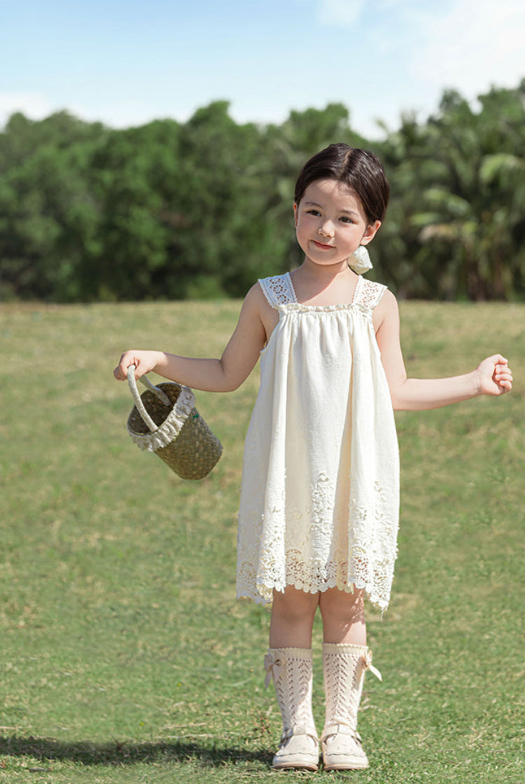 Elodie Floral Embroidered Broderie Strap Dress, Ivory