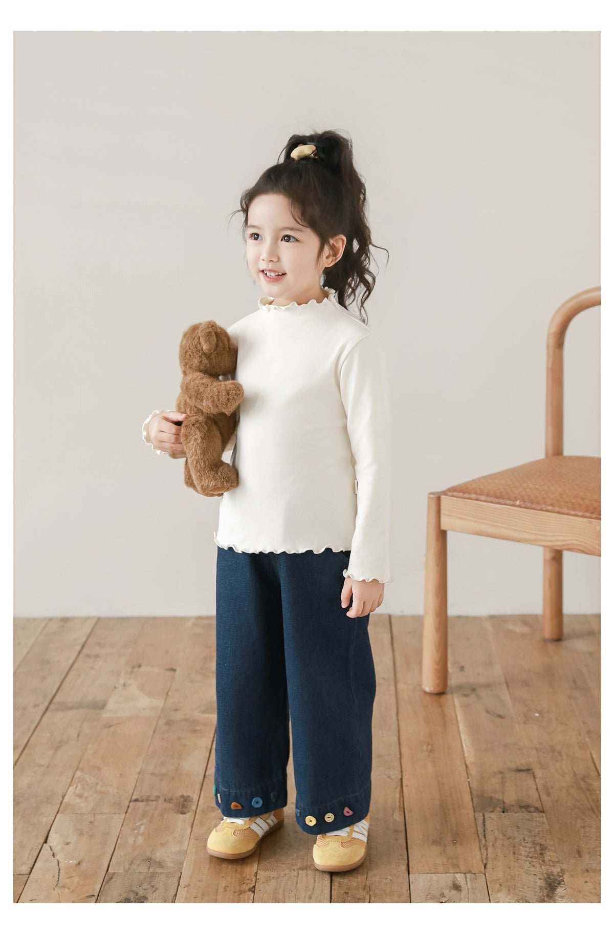 Button Embellished Frill Trim Top, Cream