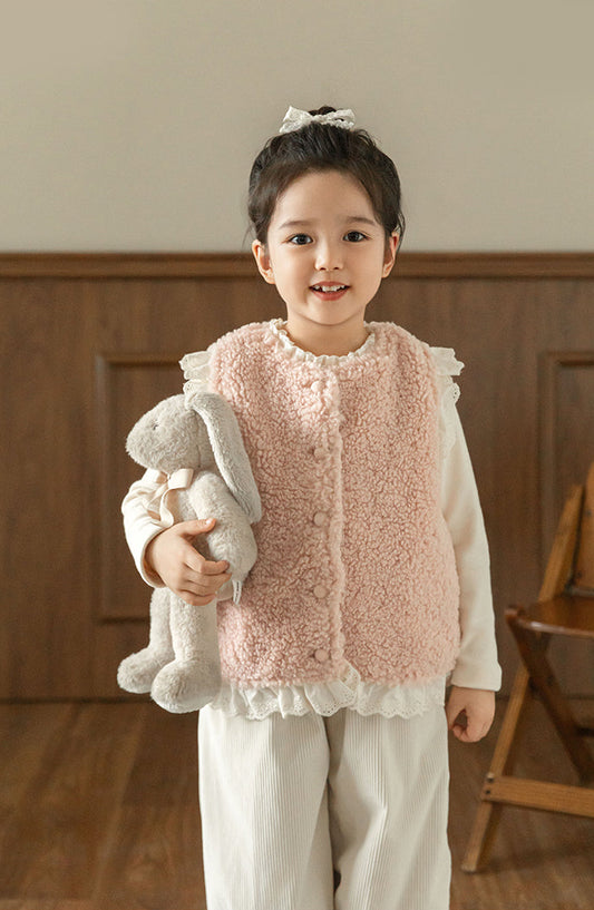Lace Trim Pile Gilet, Blush Pink