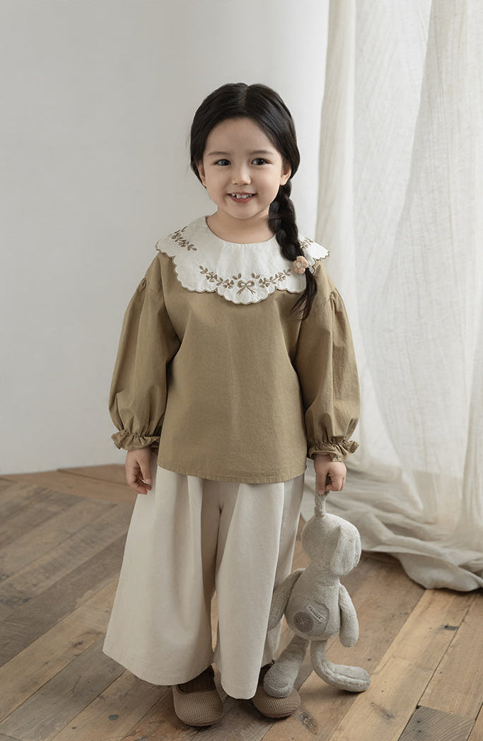 Embroidered Collar Blouse, Toffee