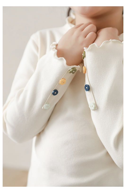Button Embellished Frill Trim Top, Cream