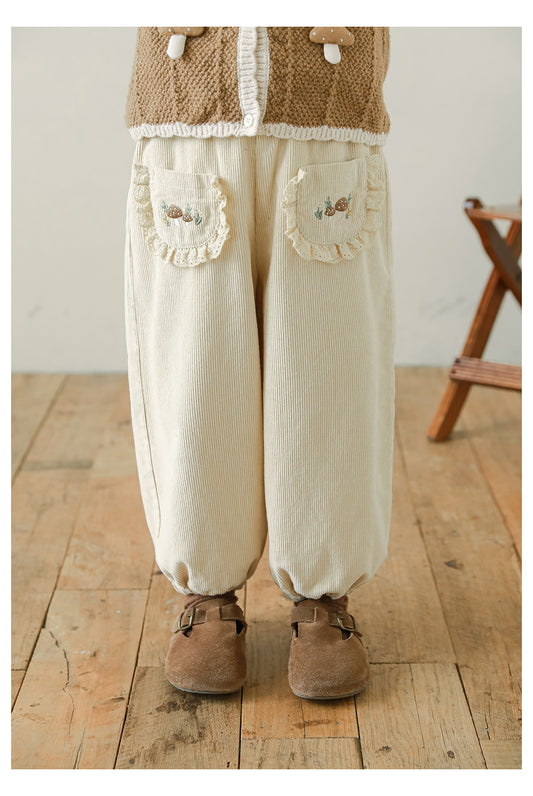 Woodland Embroidered Corduroy Trousers, Cream