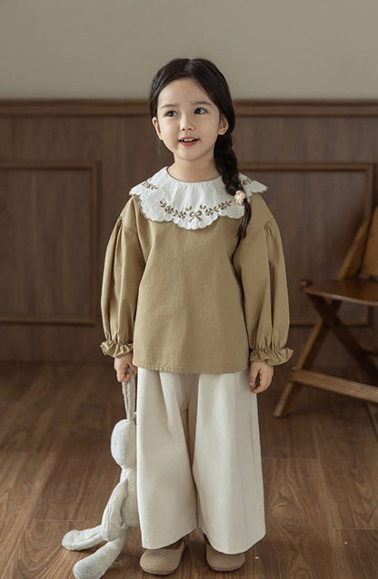 Embroidered Collar Blouse, Toffee
