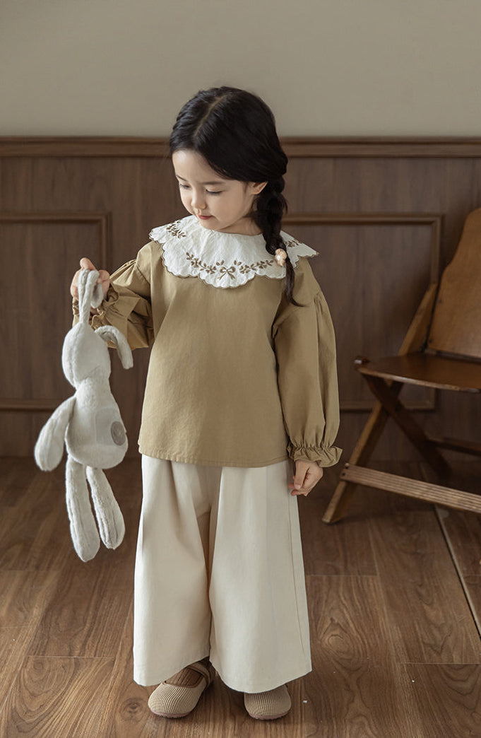 Embroidered Collar Blouse, Toffee