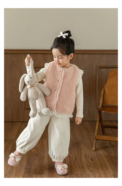 Lace Trim Pile Gilet, Blush Pink