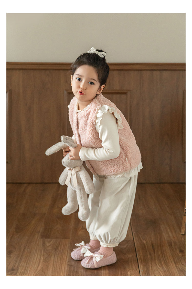 Lace Trim Pile Gilet, Blush Pink