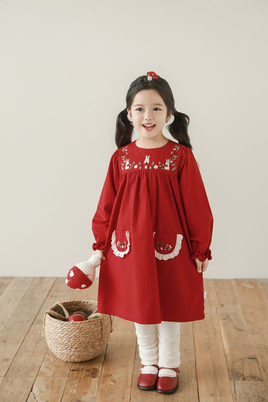 Sylvie Woodland Embroidered Dress, Berry Red