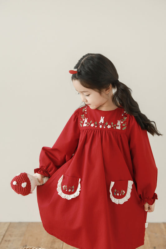 Sylvie Woodland Embroidered Dress, Berry Red