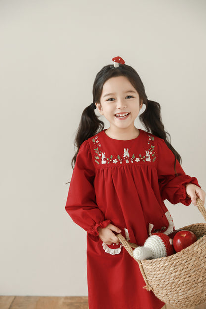 Sylvie Woodland Embroidered Dress, Berry Red