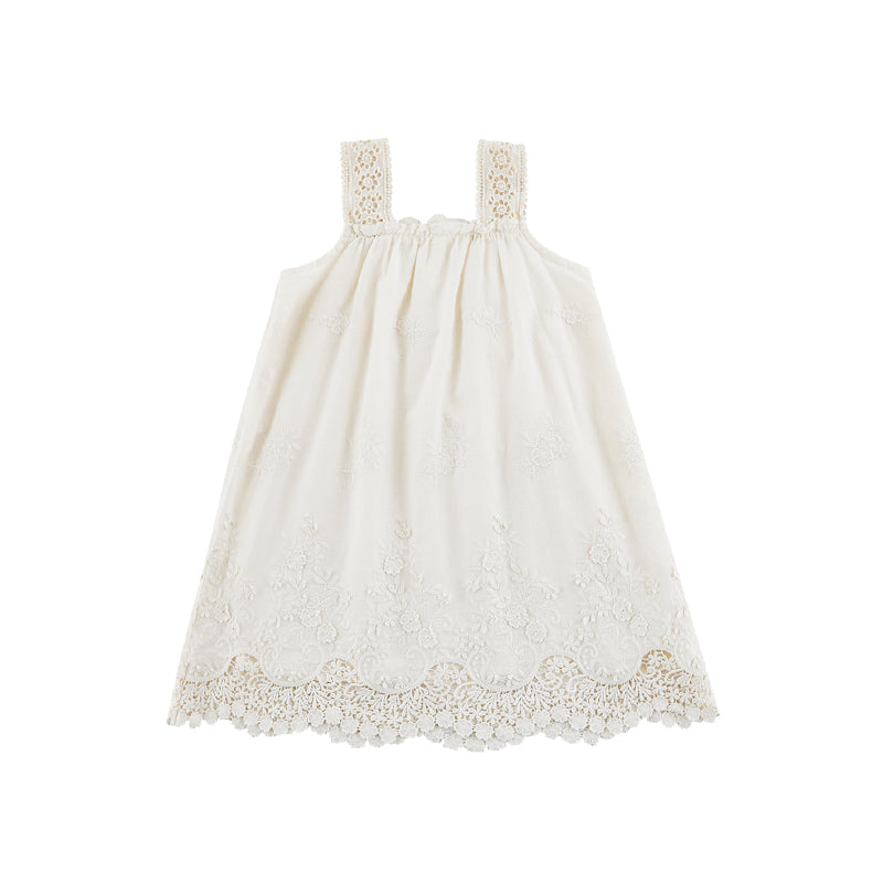 Elodie Floral Embroidered Broderie Strap Dress, Ivory