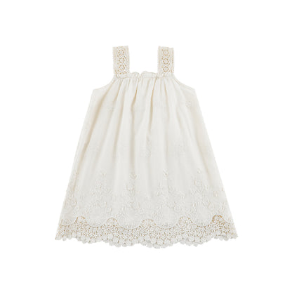 Elodie Floral Embroidered Broderie Strap Dress, Ivory