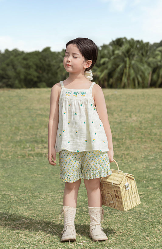 Ruffled Cotton Shorts, Sunny Meadow