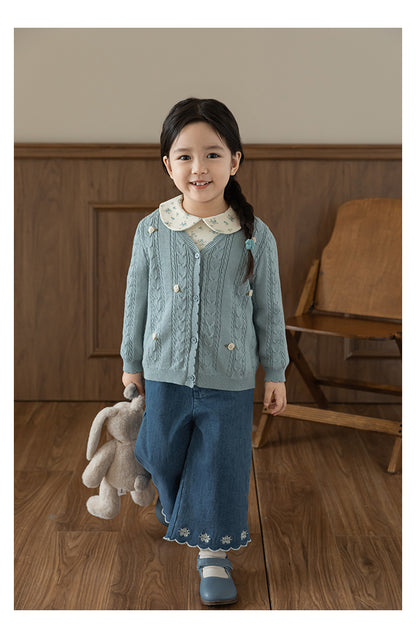 Cotton Cable Knit Floral Crochet Cardigan, Dusty Blue
