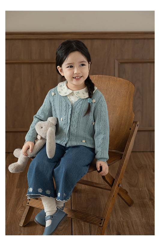 Cotton Cable Knit Floral Crochet Cardigan, Dusty Blue