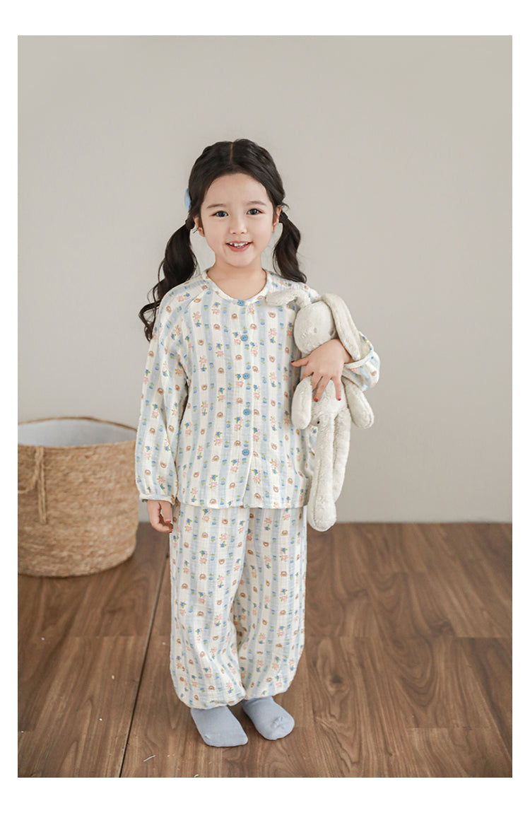 Muslin Button-Front Lounge Set, Bear & Floral