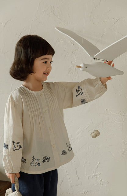 Embroidered Pintuck Cotton Blouse, Ivory
