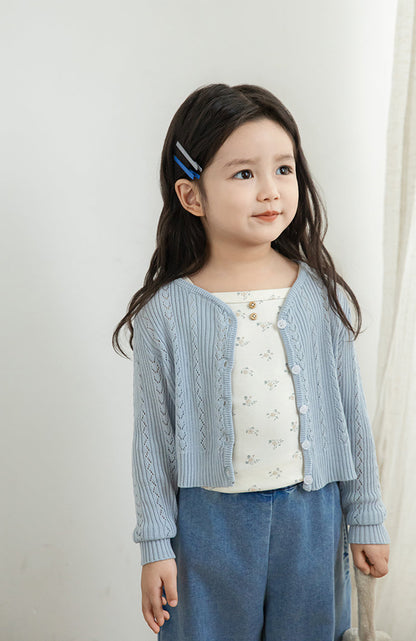 Cotton Ribbed Knit Pointelle Cardigan, Misty Blue