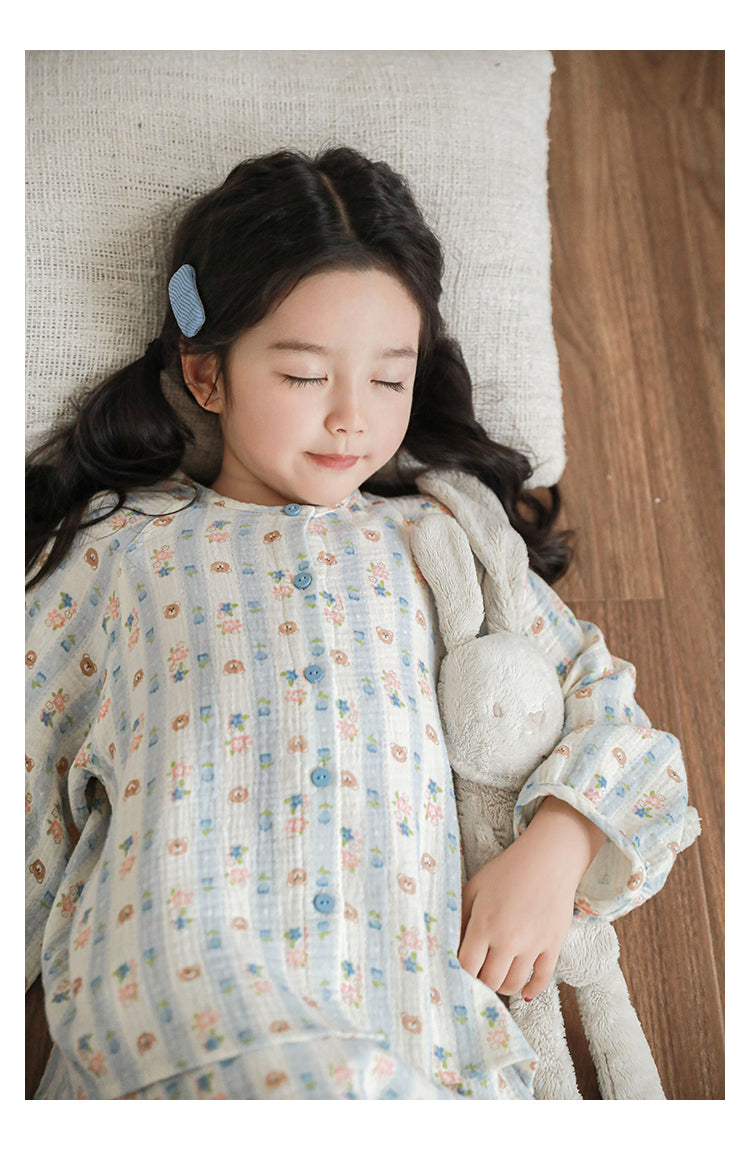 Muslin Button-Front Lounge Set, Bear & Floral