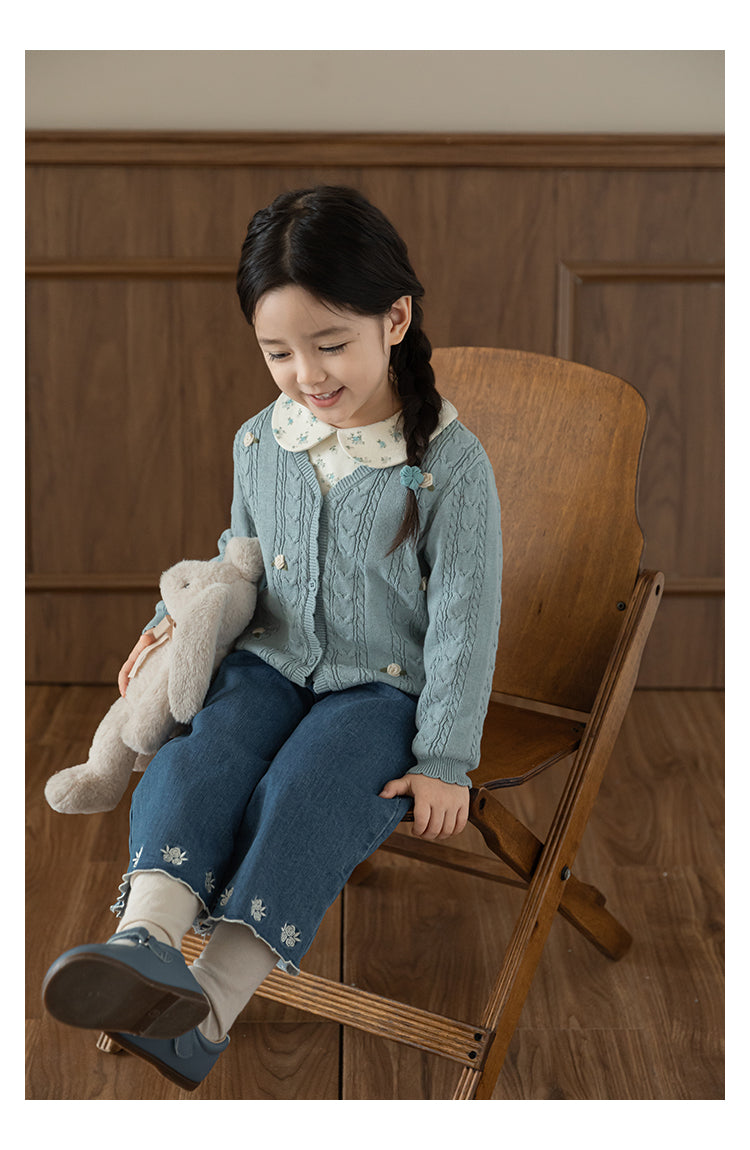 Cotton Cable Knit Floral Crochet Cardigan, Dusty Blue