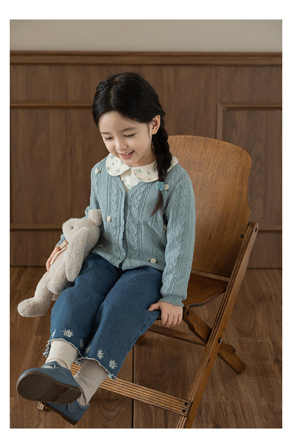 Cotton Cable Knit Floral Crochet Cardigan, Dusty Blue