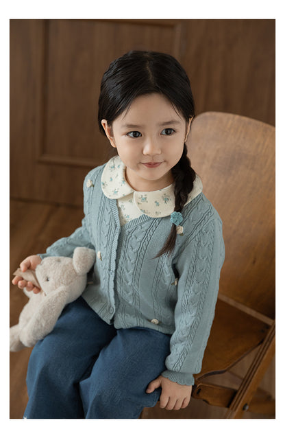 Cotton Cable Knit Floral Crochet Cardigan, Dusty Blue