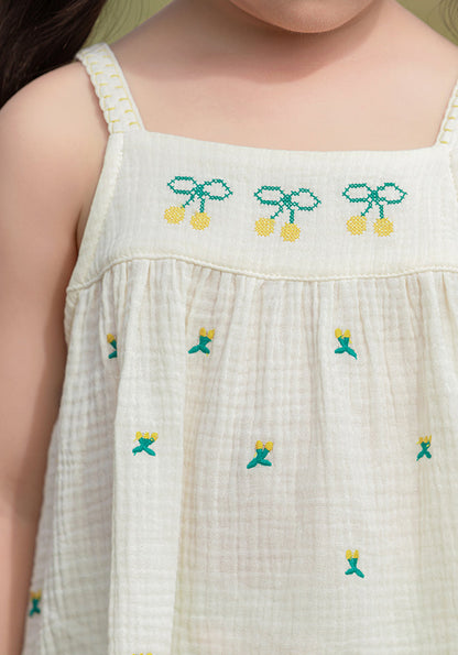 Cherry Embroidered Muslin Strap Top, Ivory