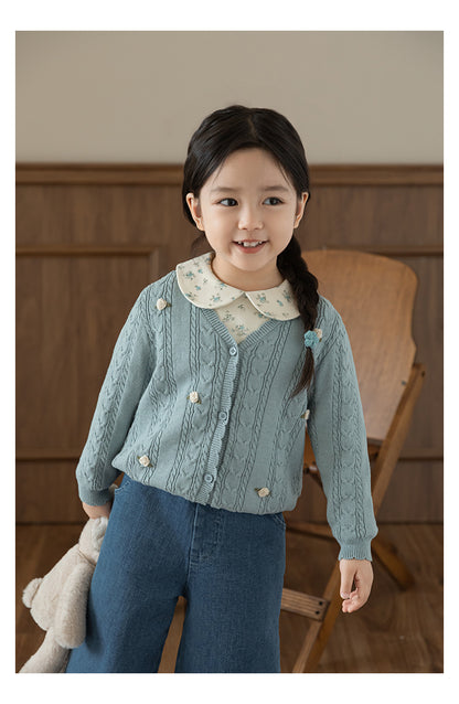 Cotton Cable Knit Floral Crochet Cardigan, Dusty Blue
