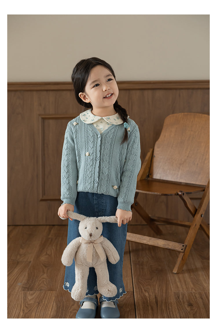 Cotton Cable Knit Floral Crochet Cardigan, Dusty Blue