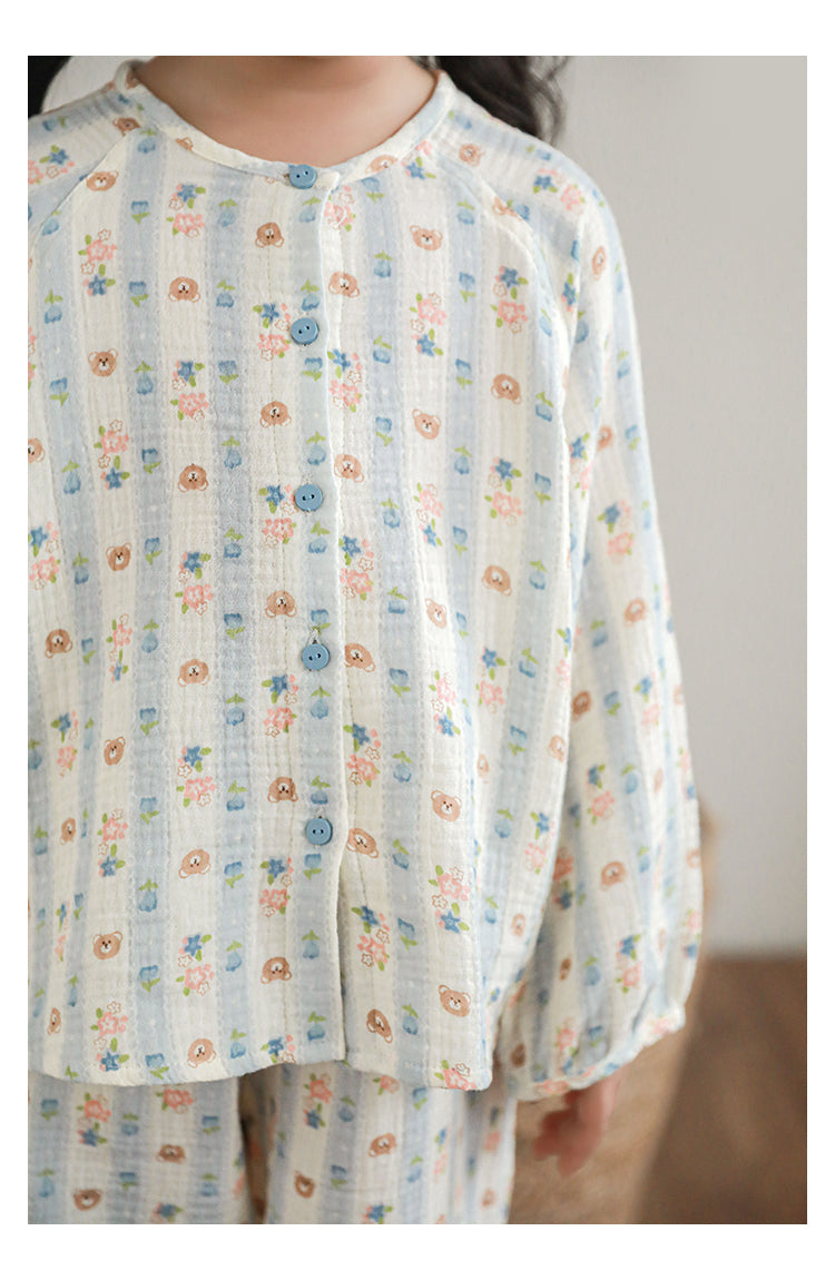 Muslin Button-Front Lounge Set, Bear & Floral