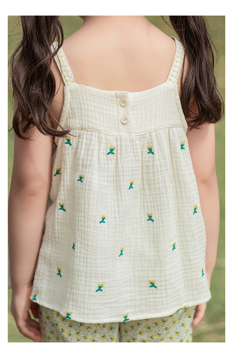 Cherry Embroidered Muslin Strap Top, Ivory