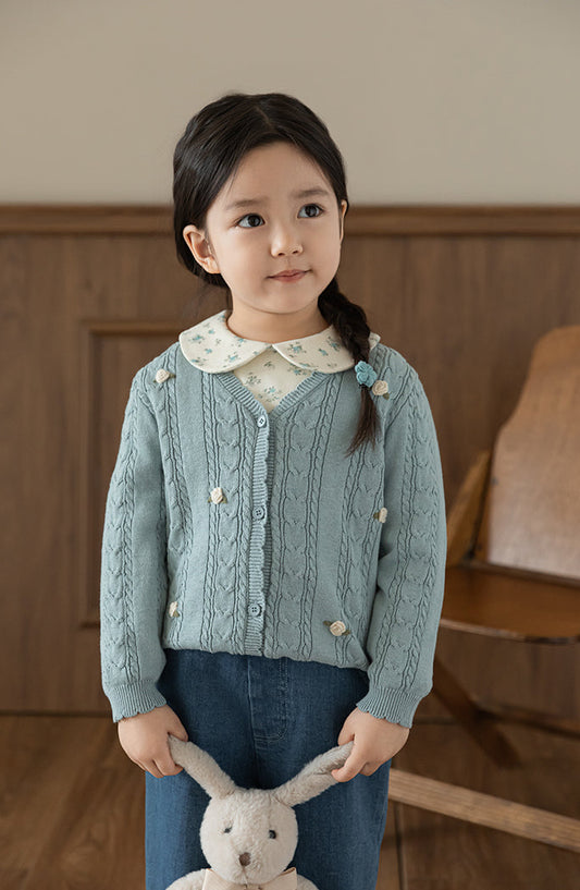 Cotton Cable Knit Floral Crochet Cardigan, Dusty Blue