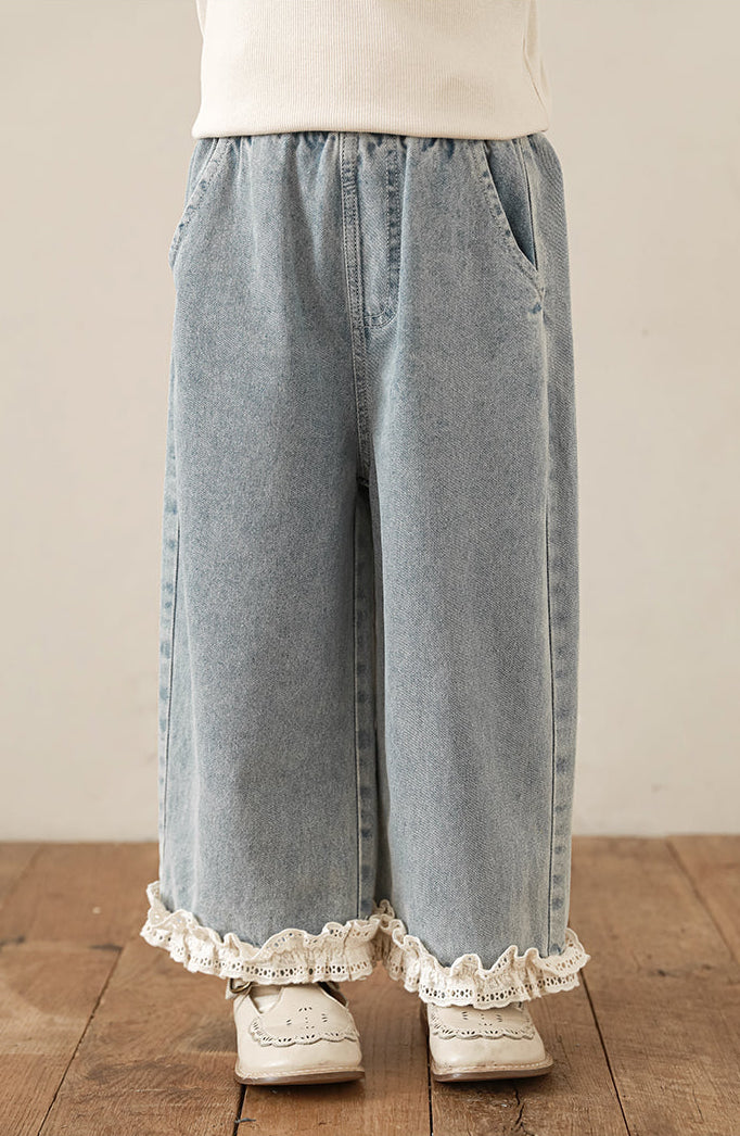 Straight Leg Lace Hem Jeans, Light Blue