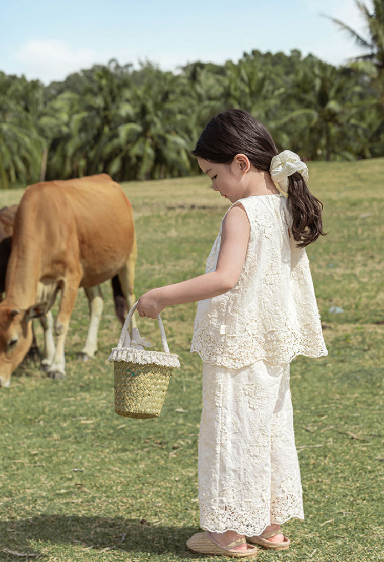 Broderie Anglais Cotton Top & Trousers Set, Ivory
