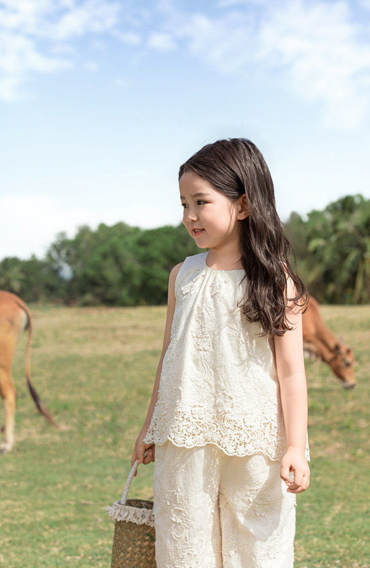 Broderie Anglais Cotton Top & Trousers Set, Ivory